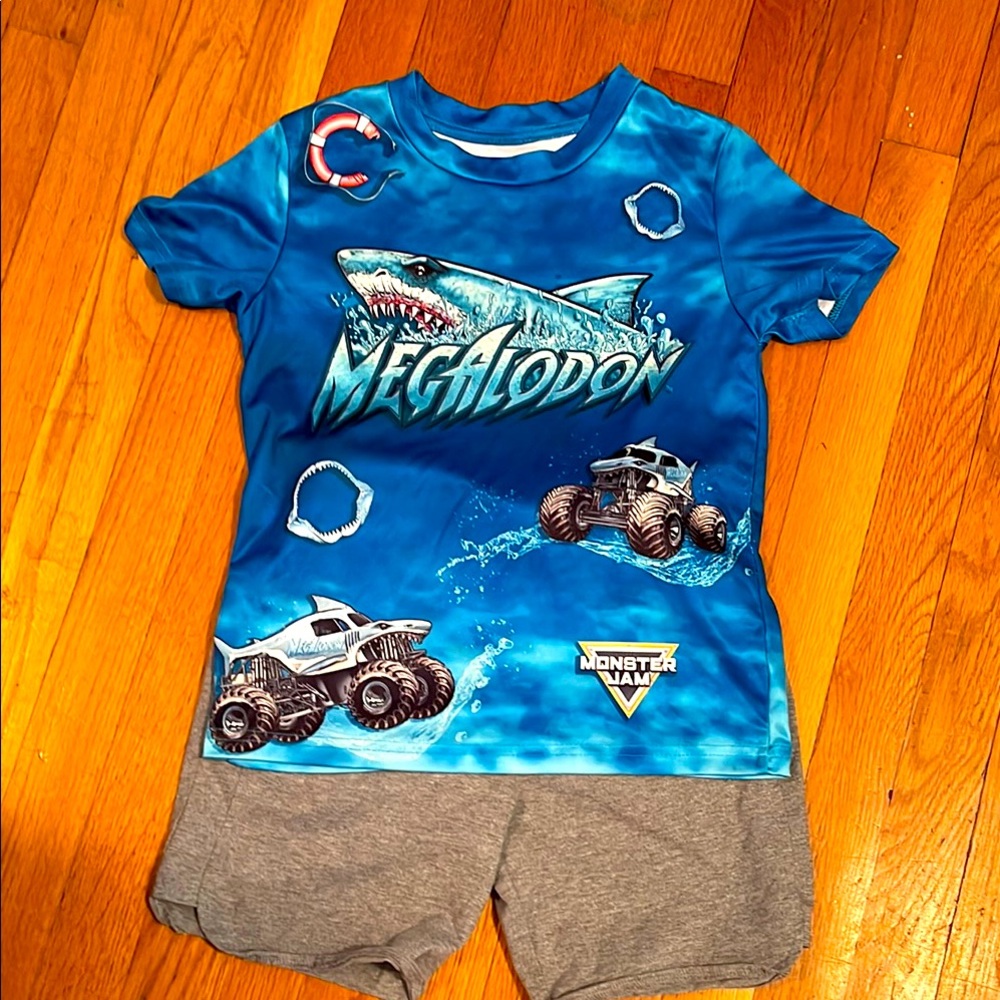 Blue Megalodon Monster Jam Shirt and Gray Shorts Set